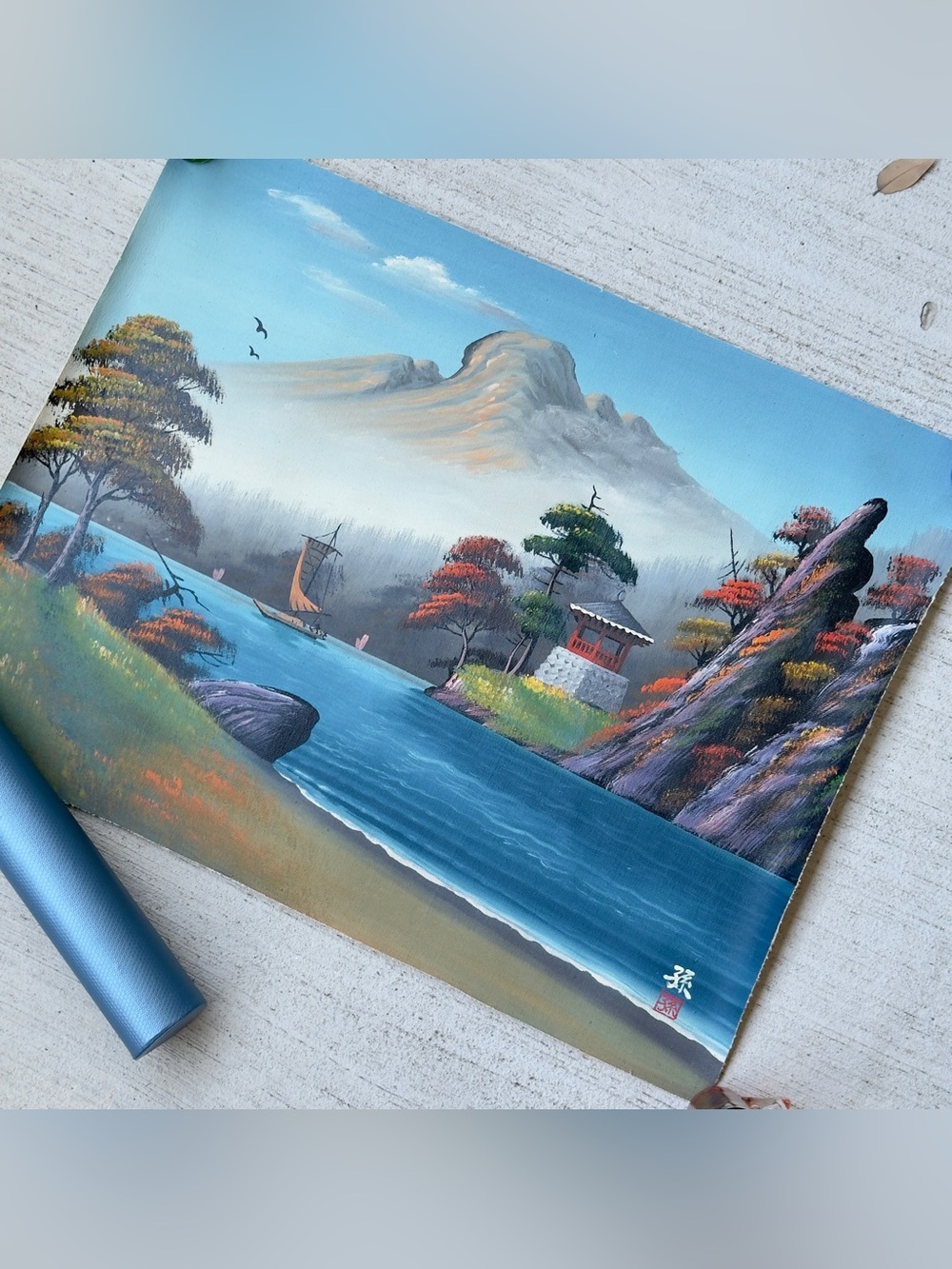 Late 20th-Century Original Asian Mist Mountain Painting on Scroll Paper, Signed